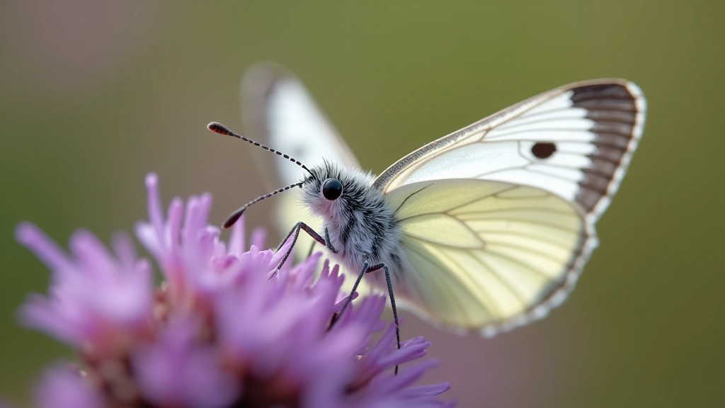 Baltas drugelis su juodais galiukais ant violetės gėlės