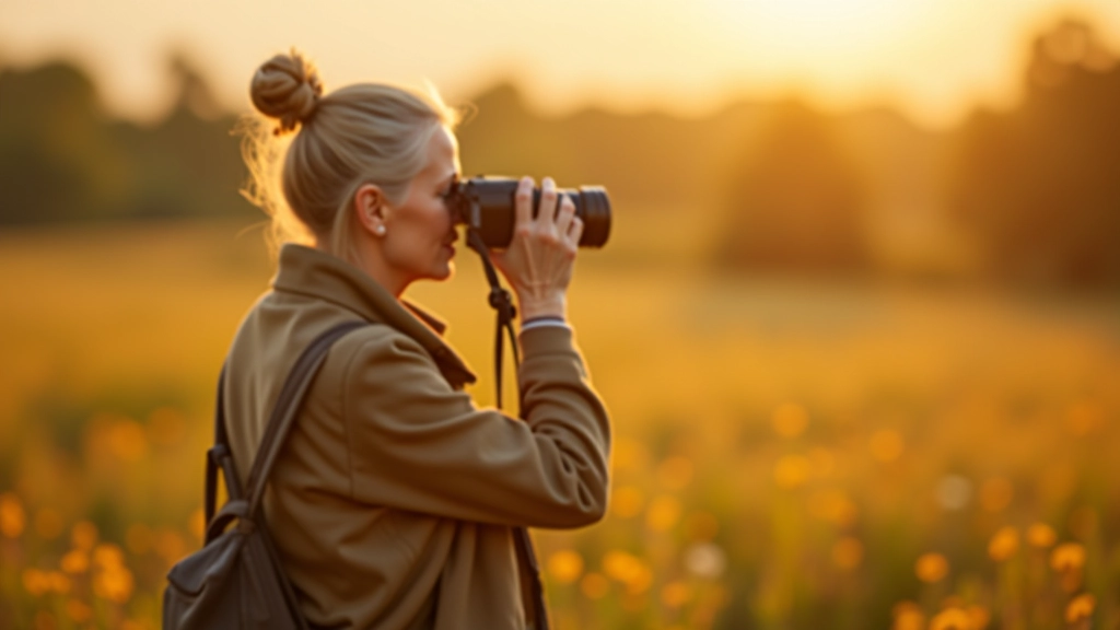 Pagyvenusios moters fotografija su fotoaparatu, stebinti gamtą, rudens pievoje